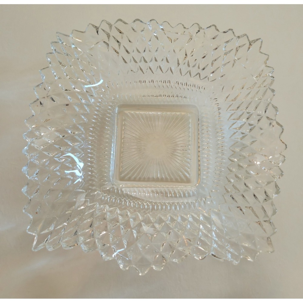 Vtg Clear Glass Imperial Diamond Point Ruffled Edge Candy Dish 7" Square Bowl